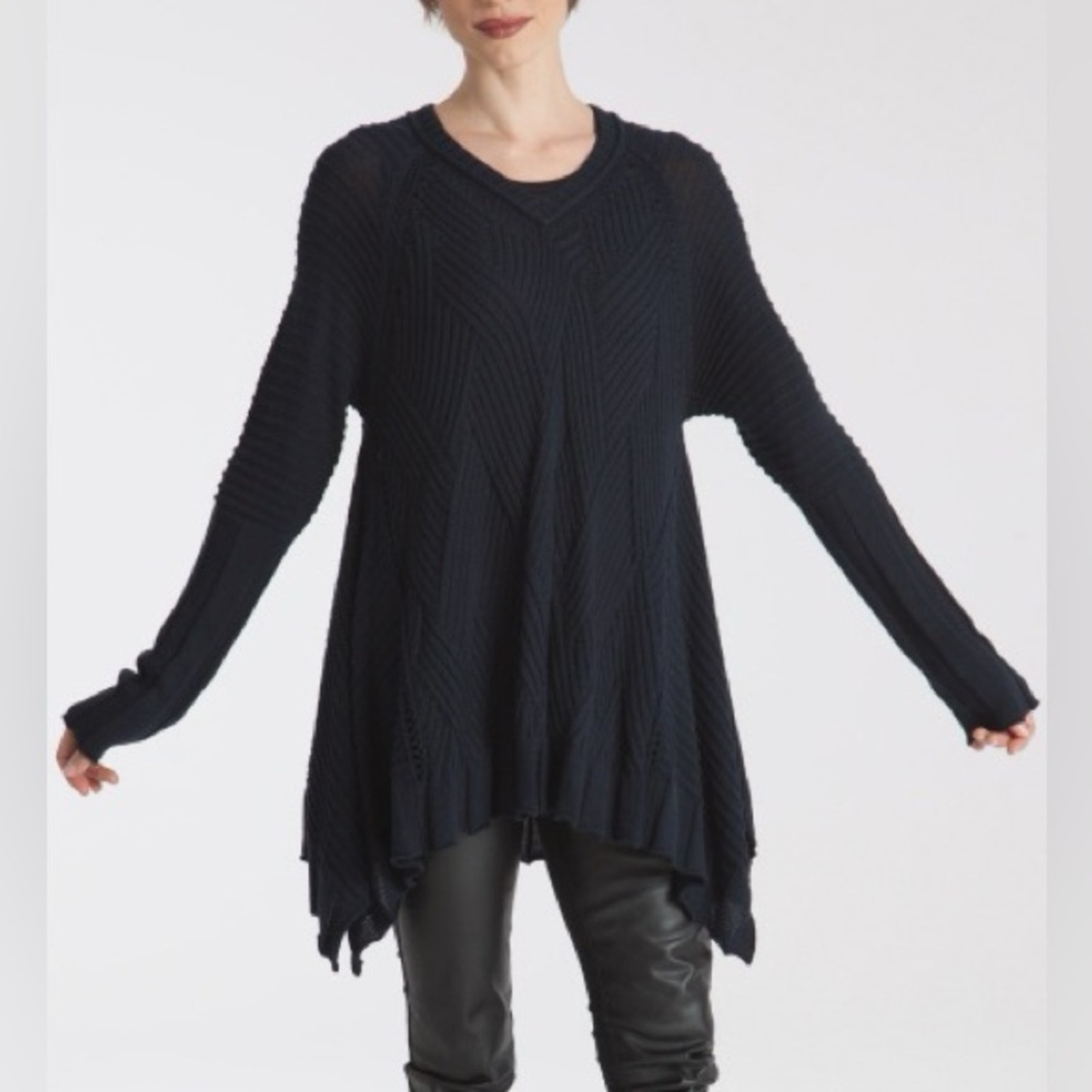 Planet By Lauren G Diamond Rib Sweater Tunic One Size Black Pima Cotton Knit